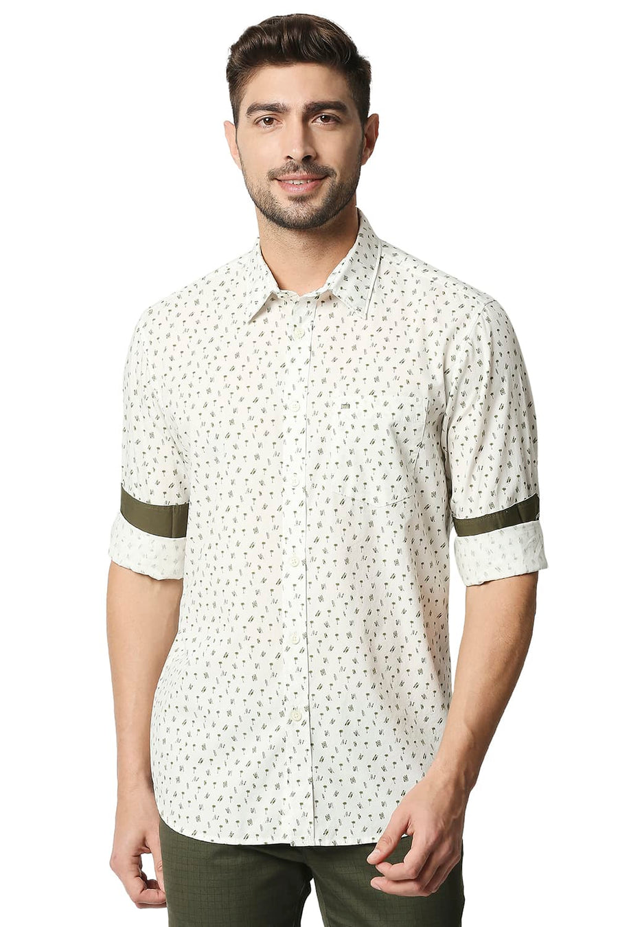 BASICS SLIM FIT AVOCADO GREEN POPLIN PRINTED SHIRT