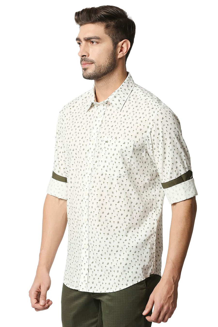 BASICS SLIM FIT AVOCADO GREEN POPLIN PRINTED SHIRT