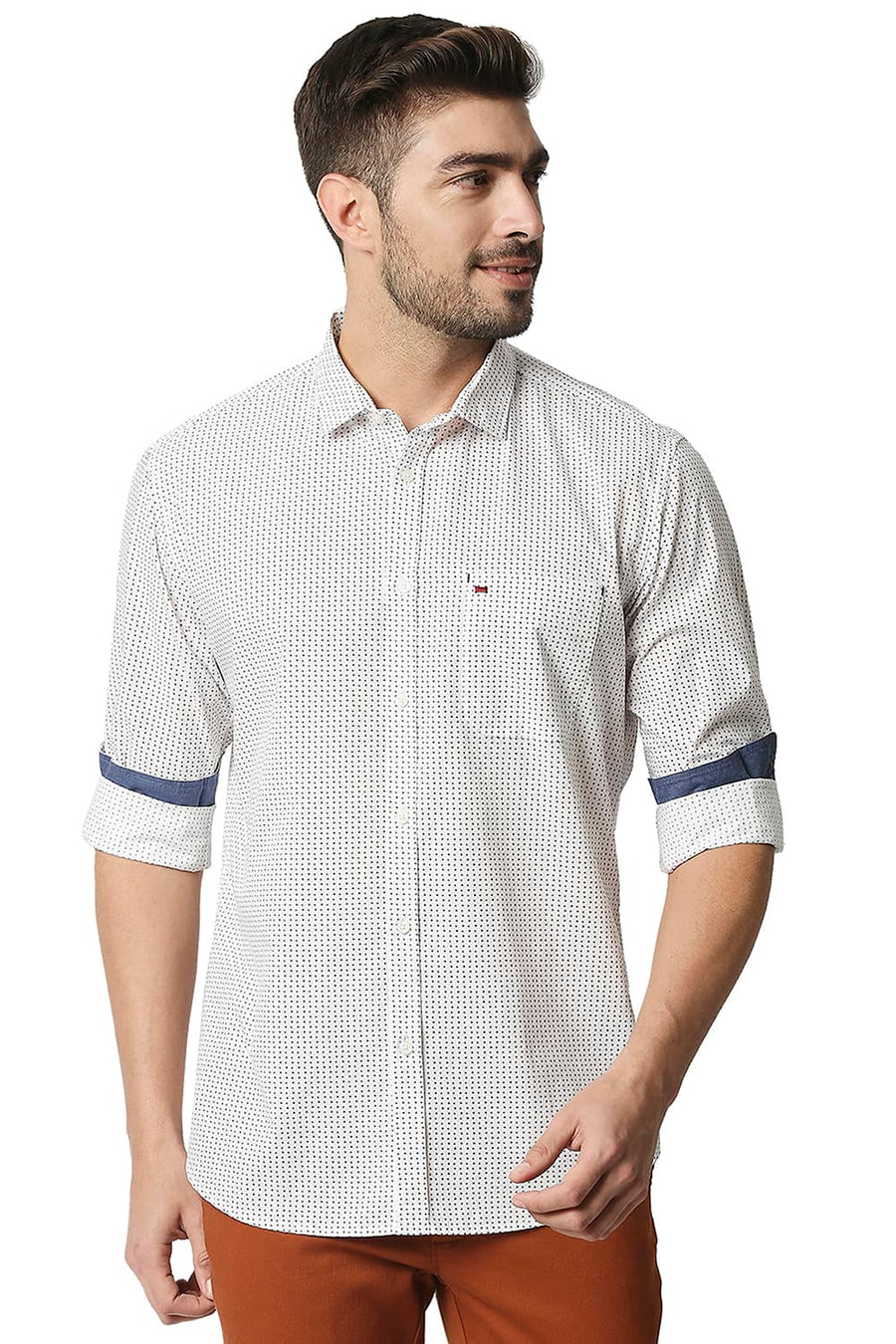 BASICS SLIM FIT CLOUD DANCER WHITE POPLIN PRINTED SHIRT