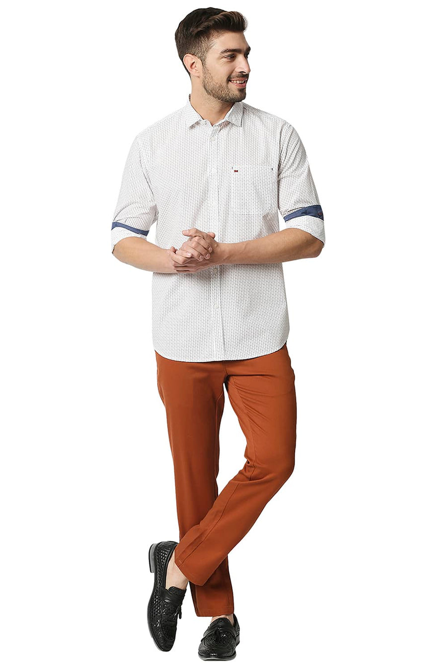 BASICS SLIM FIT CLOUD DANCER WHITE POPLIN PRINTED SHIRT