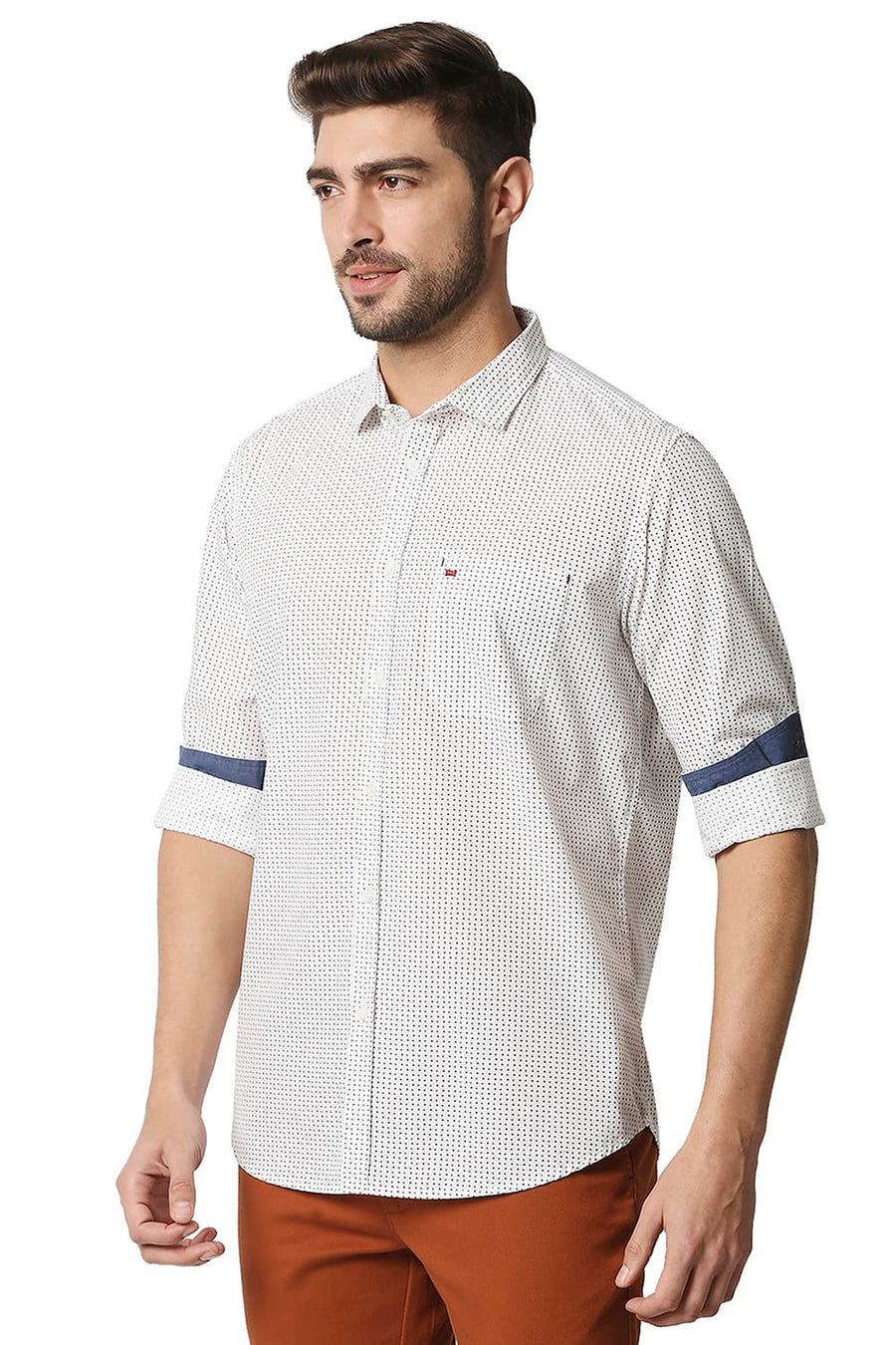 BASICS SLIM FIT CLOUD DANCER WHITE POPLIN PRINTED SHIRT
