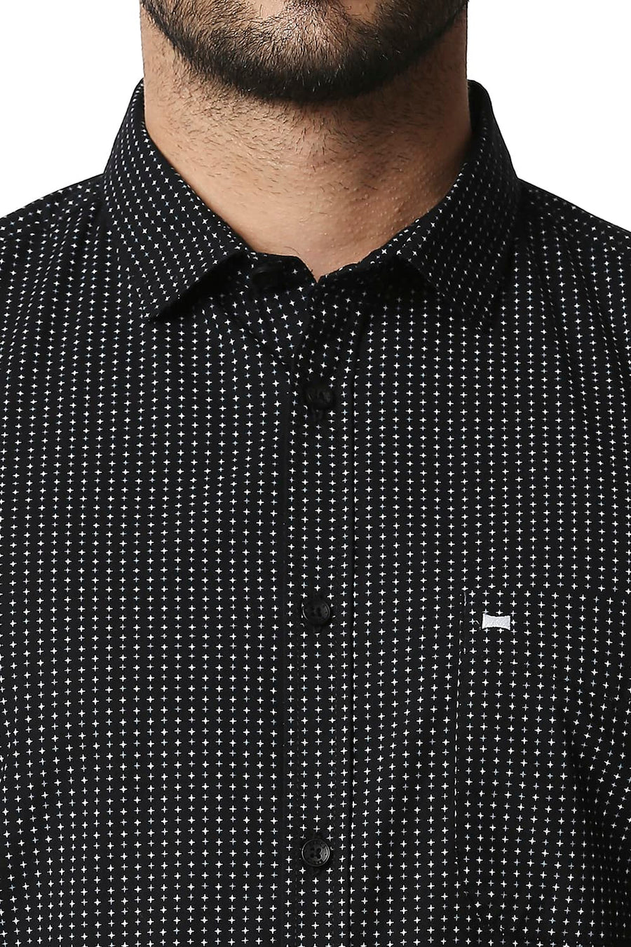BASICS SLIM FIT ANTHRACITE BLACK POPLIN PRINTED SHIRT