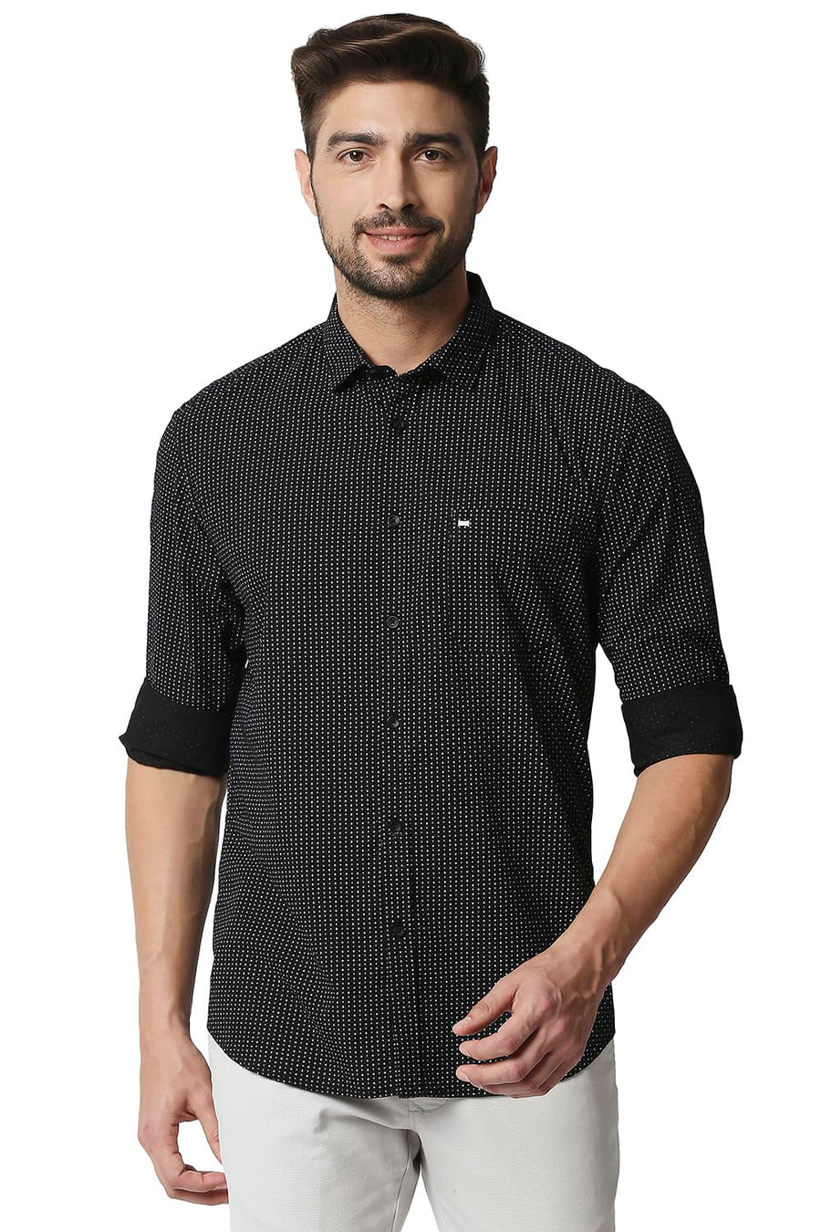 BASICS SLIM FIT ANTHRACITE BLACK POPLIN PRINTED SHIRT