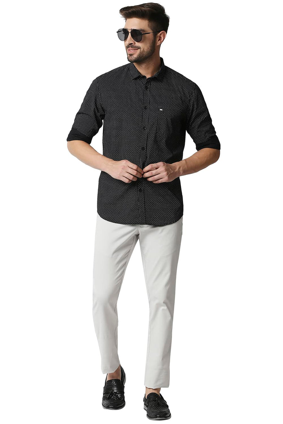 BASICS SLIM FIT ANTHRACITE BLACK POPLIN PRINTED SHIRT