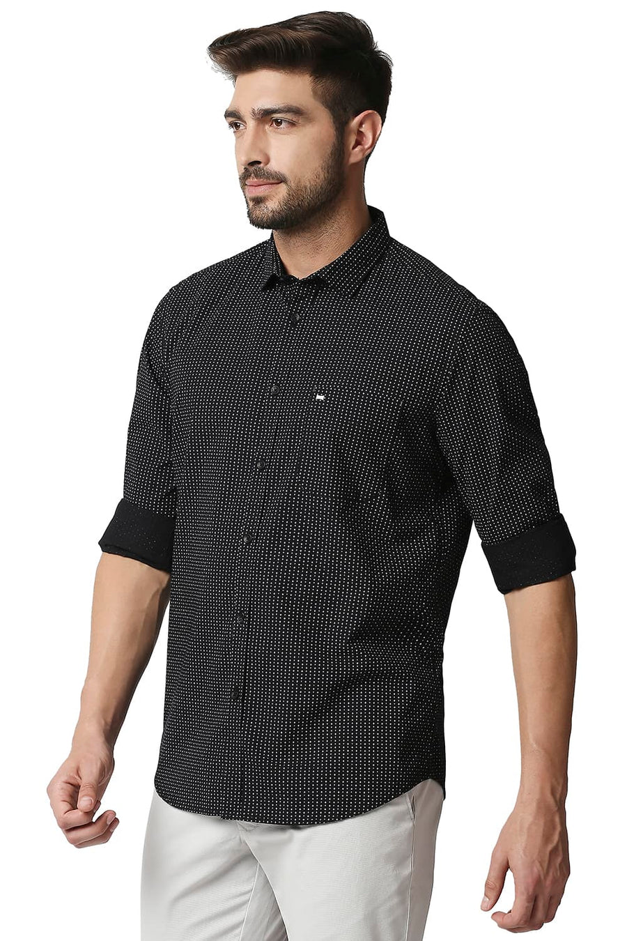 BASICS SLIM FIT ANTHRACITE BLACK POPLIN PRINTED SHIRT