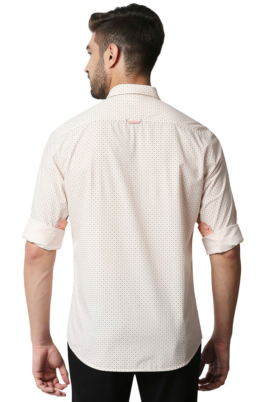 BASICS SLIM FIT APRICOT ORANGE POPLIN PRINTED SHIRT