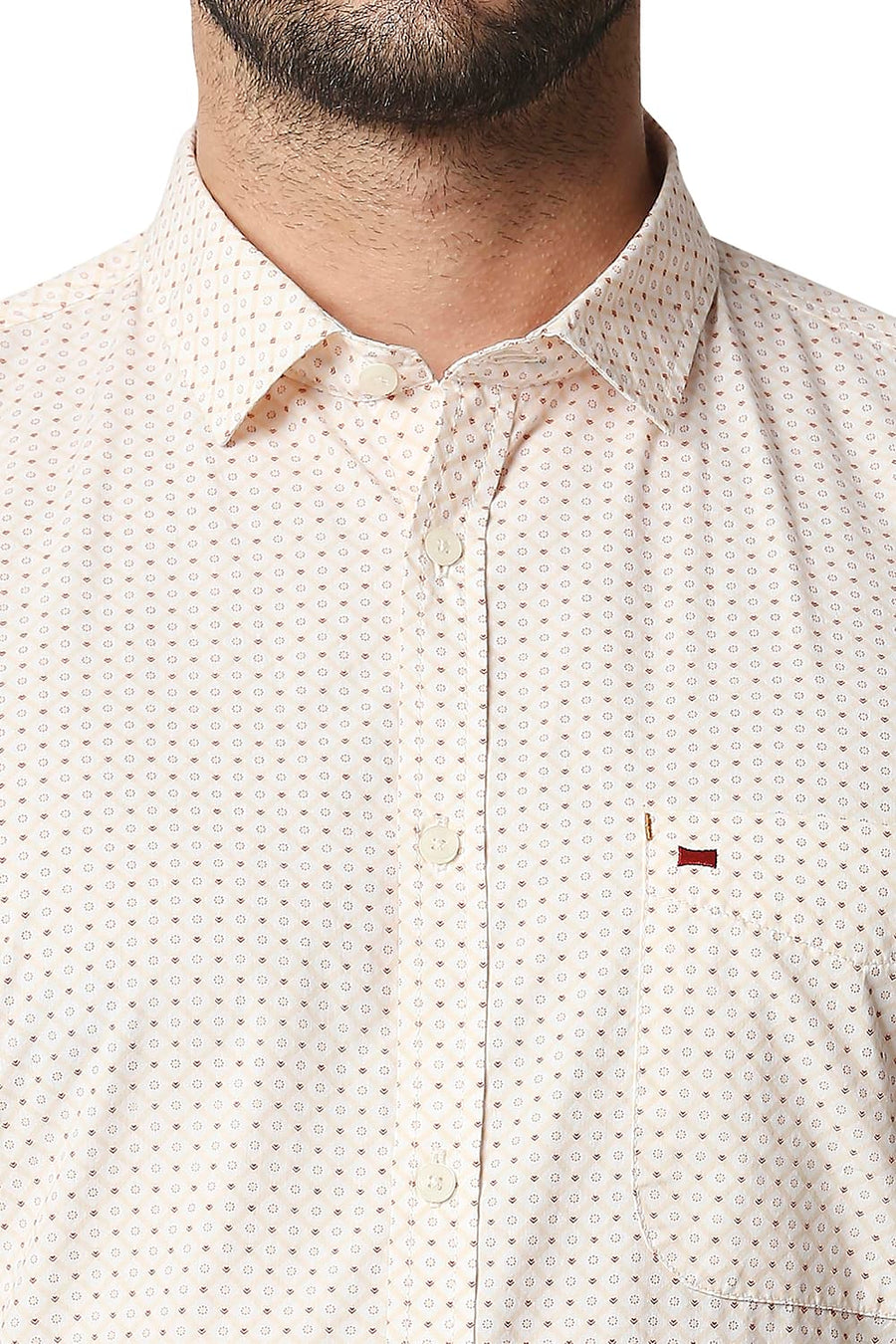 BASICS SLIM FIT APRICOT ORANGE POPLIN PRINTED SHIRT