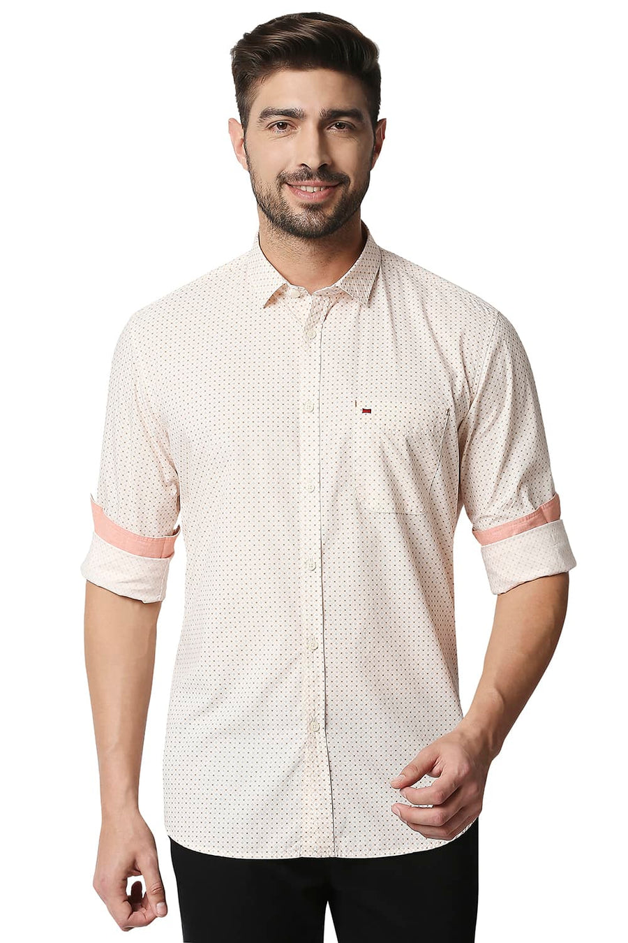 BASICS SLIM FIT APRICOT ORANGE POPLIN PRINTED SHIRT