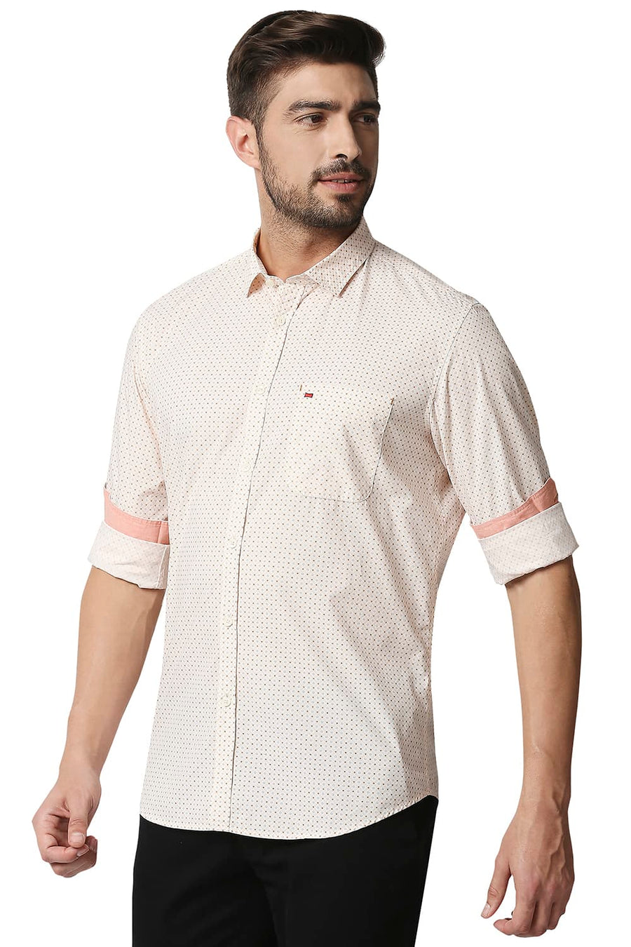 BASICS SLIM FIT APRICOT ORANGE POPLIN PRINTED SHIRT