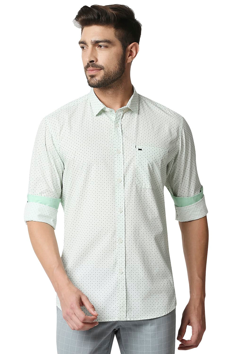 BASICS SLIM FIT CAMEO GREEN POPLIN PRINTED SHIRT