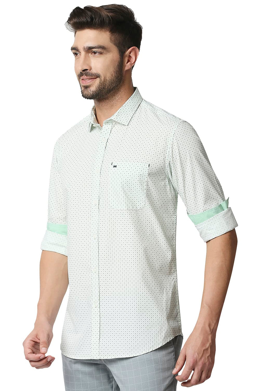 BASICS SLIM FIT CAMEO GREEN POPLIN PRINTED SHIRT