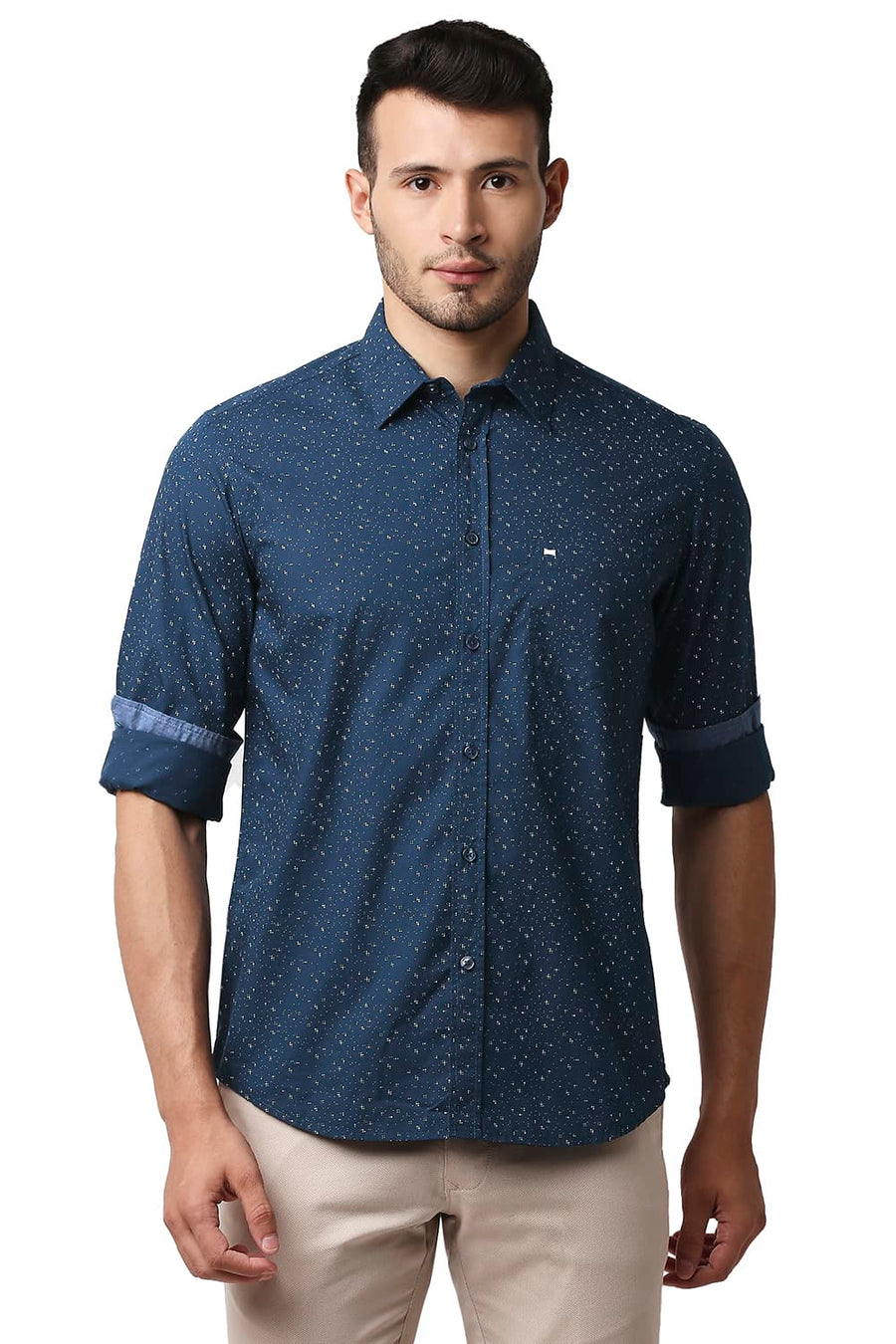 BASICS SLIM FIT NAVY WING POPLIN PRINTED SHIRT