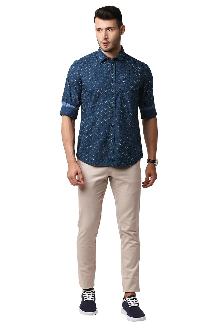 BASICS SLIM FIT NAVY WING POPLIN PRINTED SHIRT