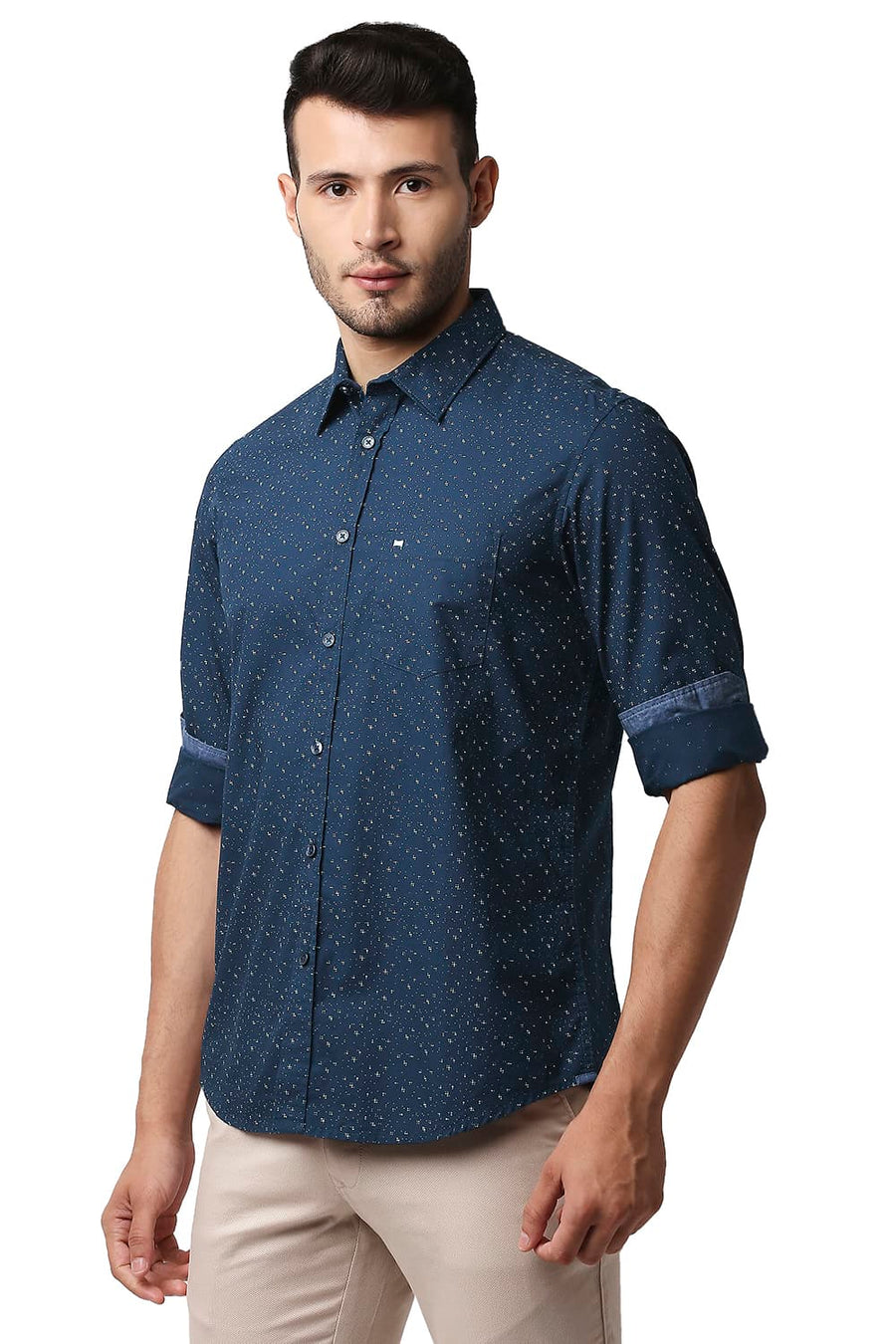 BASICS SLIM FIT NAVY WING POPLIN PRINTED SHIRT