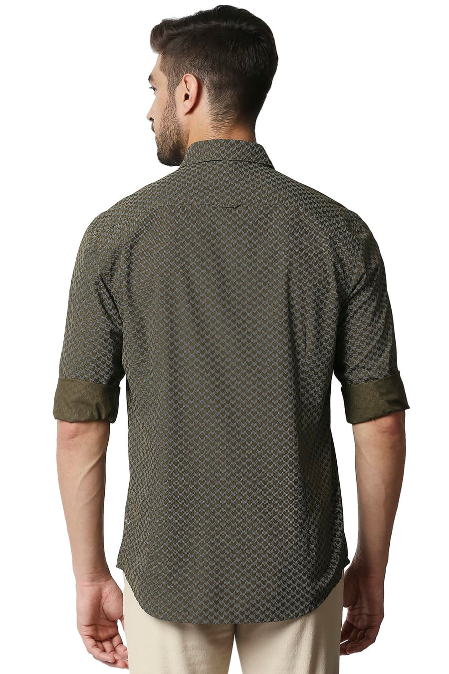 BASICS SLIM FIT NUTRIA GREEN POPLIN PRINTED SHIRT
