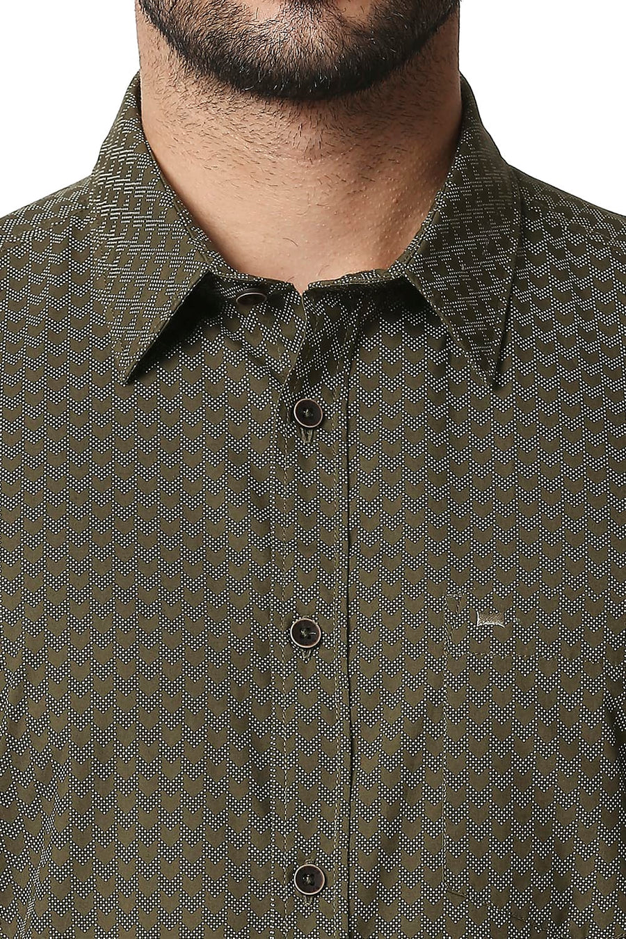 BASICS SLIM FIT NUTRIA GREEN POPLIN PRINTED SHIRT