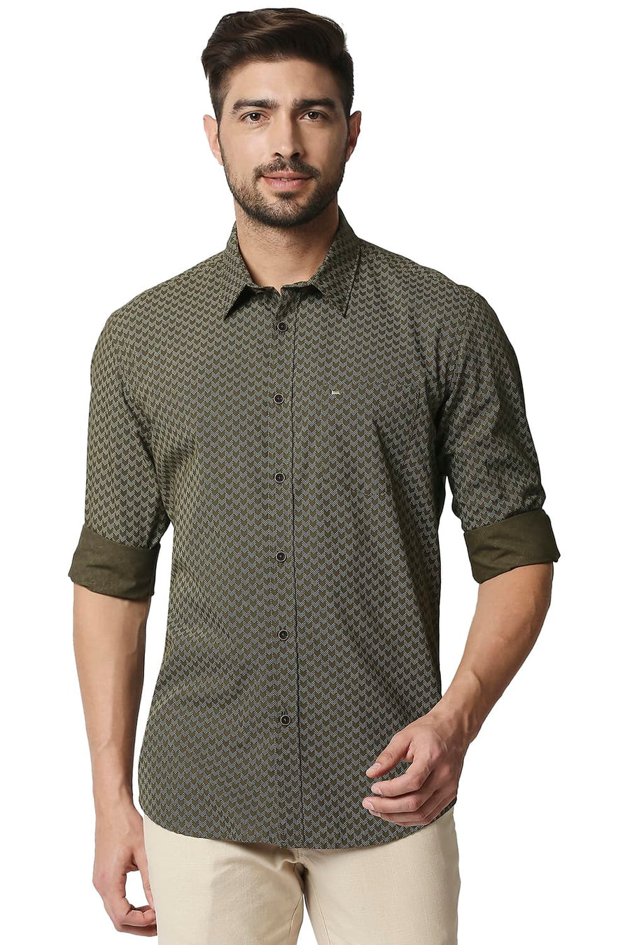 BASICS SLIM FIT NUTRIA GREEN POPLIN PRINTED SHIRT