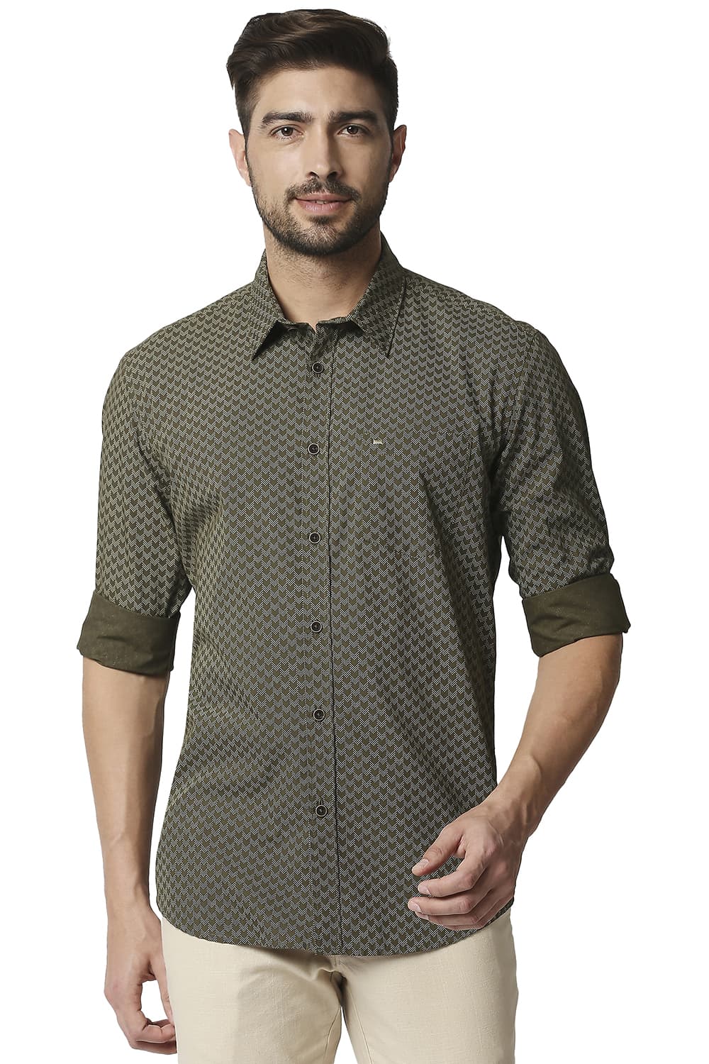 BASICS SLIM FIT POPLIN PRINTED SHIRT