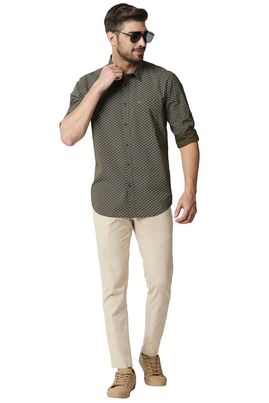 BASICS SLIM FIT NUTRIA GREEN POPLIN PRINTED SHIRT