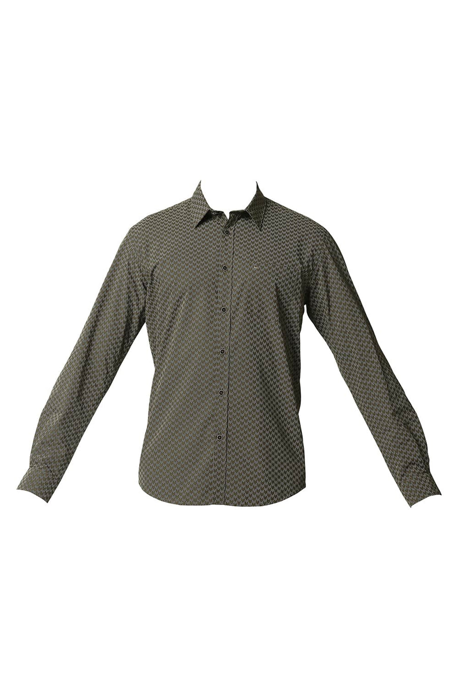BASICS SLIM FIT NUTRIA GREEN POPLIN PRINTED SHIRT