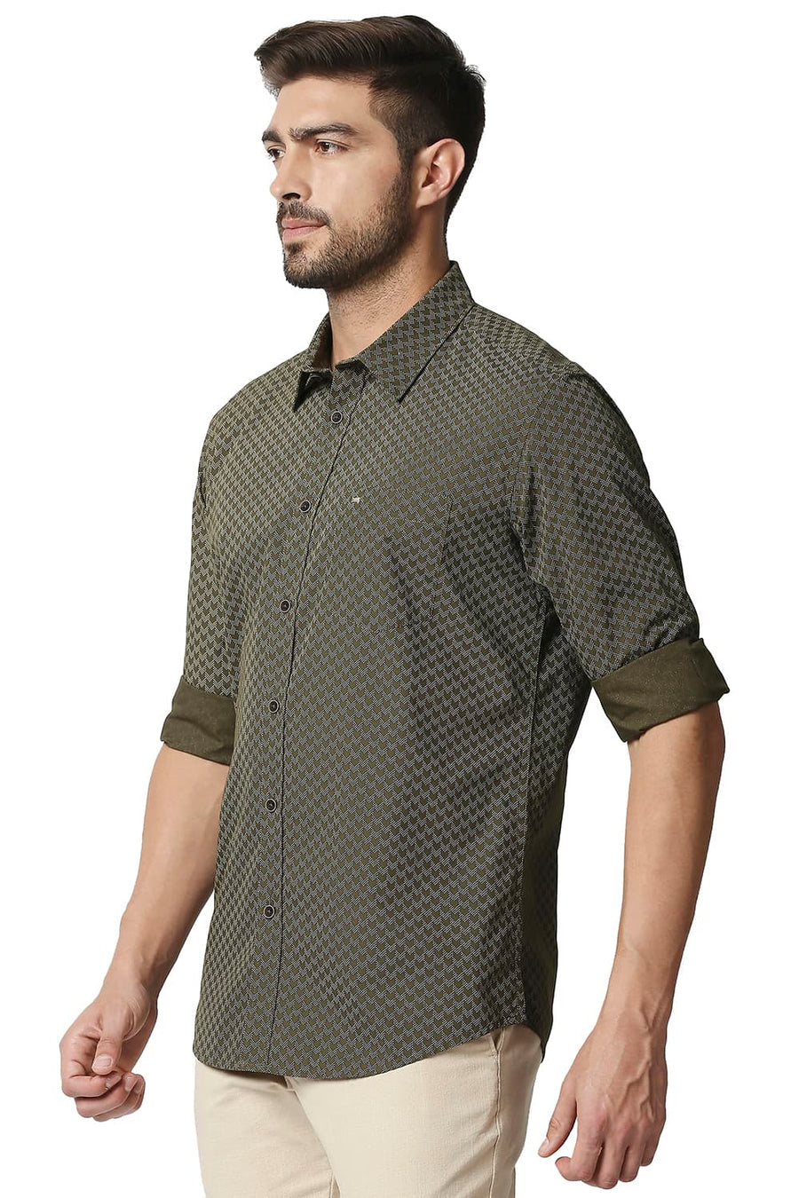 BASICS SLIM FIT NUTRIA GREEN POPLIN PRINTED SHIRT