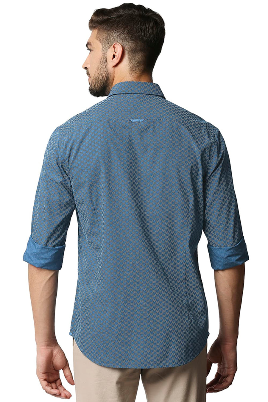BASICS SLIM FIT MOROCCAN BLUE POPLIN PRINTED SHIRT