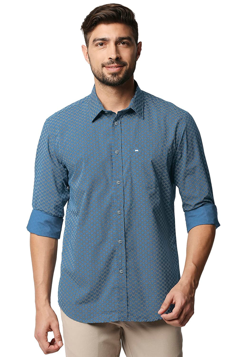 BASICS SLIM FIT MOROCCAN BLUE POPLIN PRINTED SHIRT