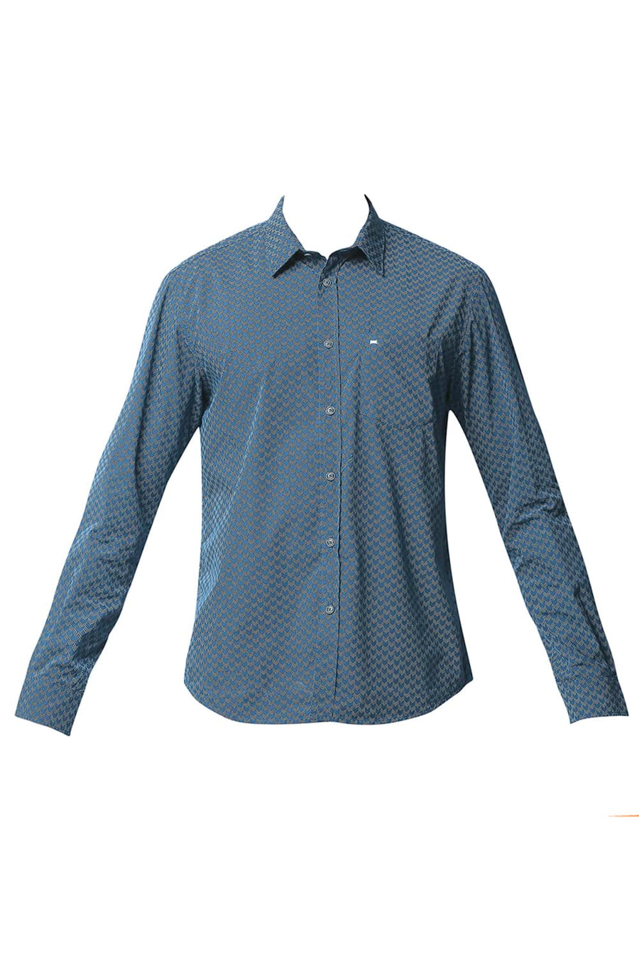 BASICS SLIM FIT MOROCCAN BLUE POPLIN PRINTED SHIRT