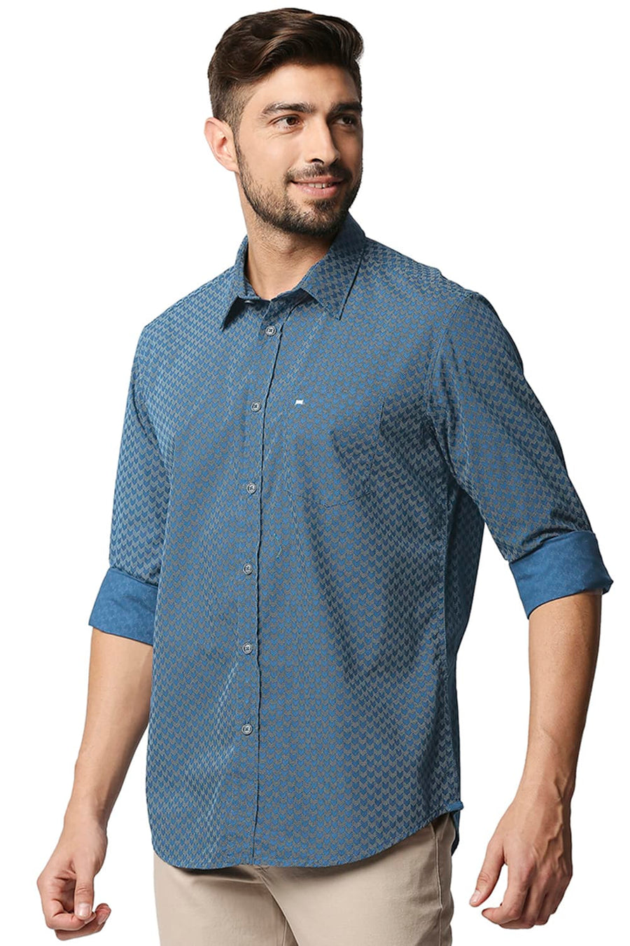 BASICS SLIM FIT MOROCCAN BLUE POPLIN PRINTED SHIRT