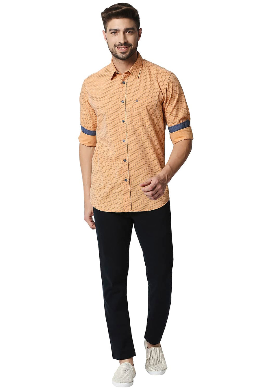 BASICS SLIM FIT MOCK ORANGE FIL-A-FIL PRINTED SHIRT