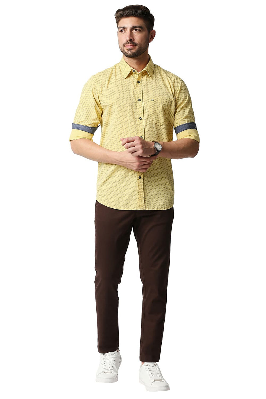 BASICS SLIM FIT SNAP DRAGON YELLOW FIL-A-FIL PRINTED SHIRT