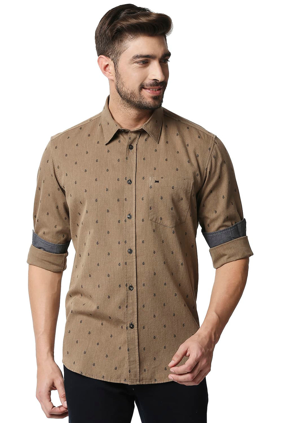 BASICS SLIM FIT TOASTED BROWN MELANGE PRINTED SHIRT