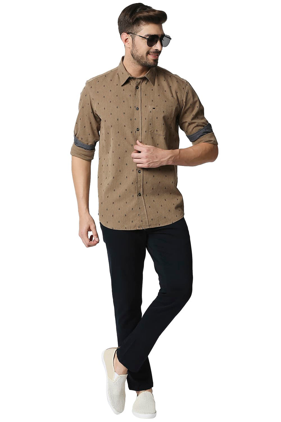 BASICS SLIM FIT TOASTED BROWN MELANGE PRINTED SHIRT