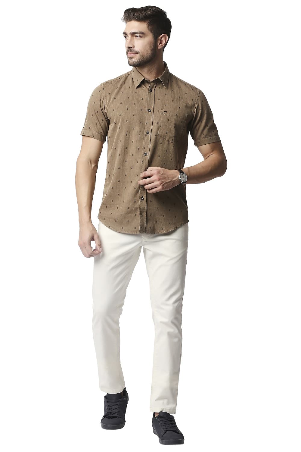 BASICS SLIM FIT MELANGE PRINTED HALFSLEEVES SHIRT