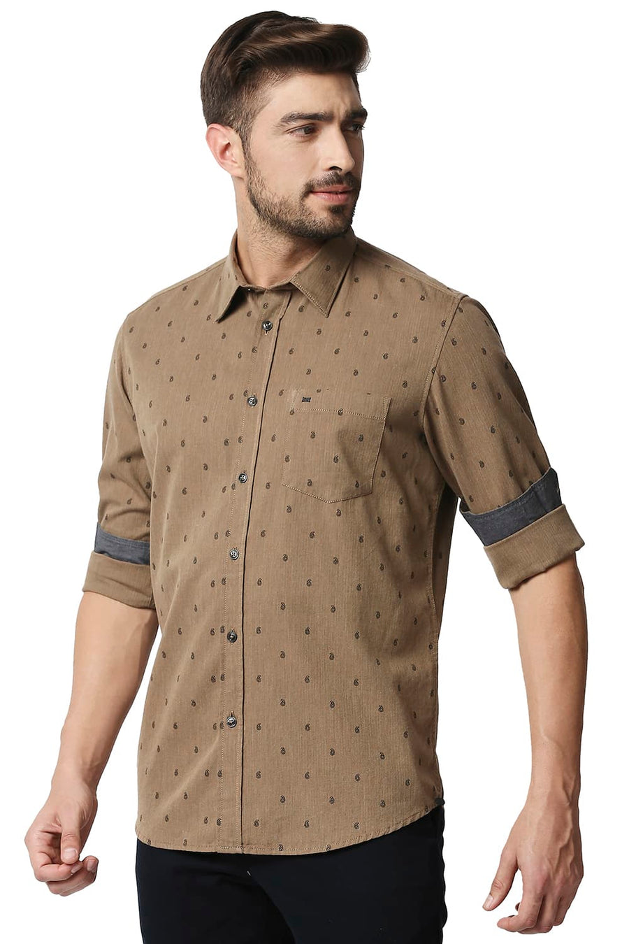 BASICS SLIM FIT TOASTED BROWN MELANGE PRINTED SHIRT