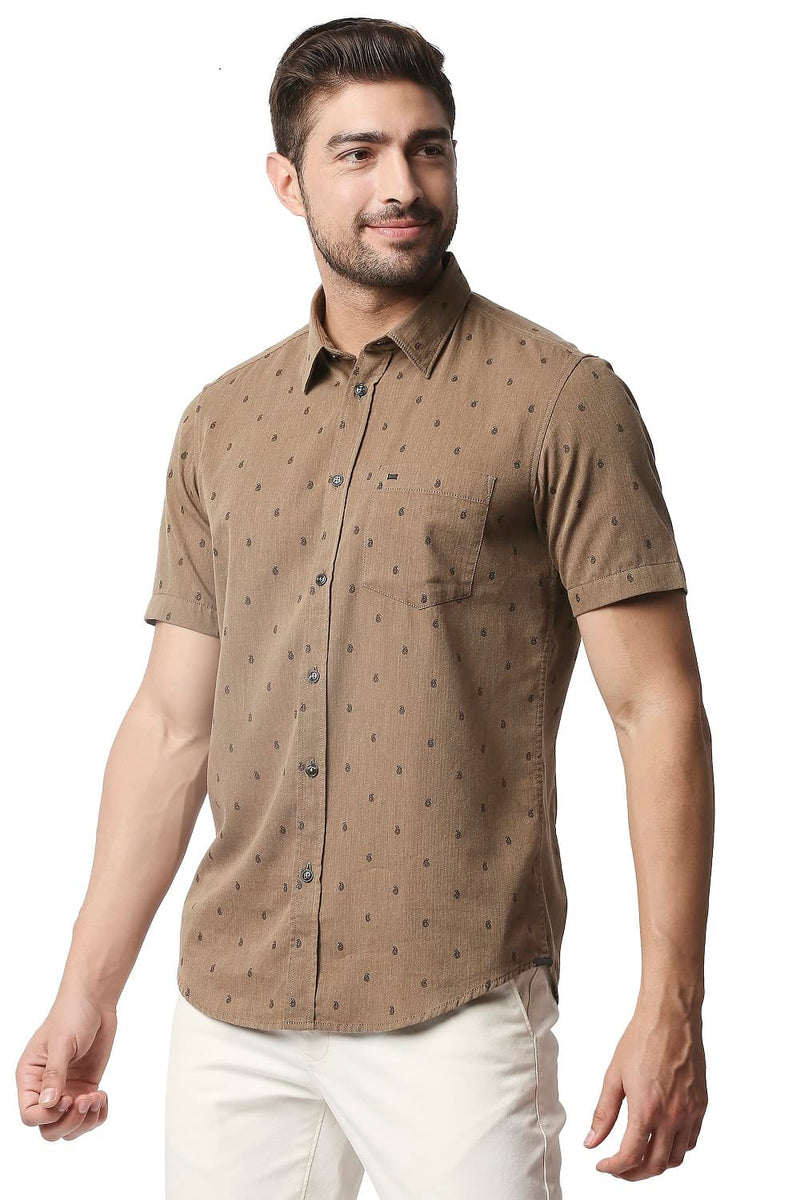 BASICS SLIM FIT MELANGE PRINTED HALFSLEEVES SHIRT