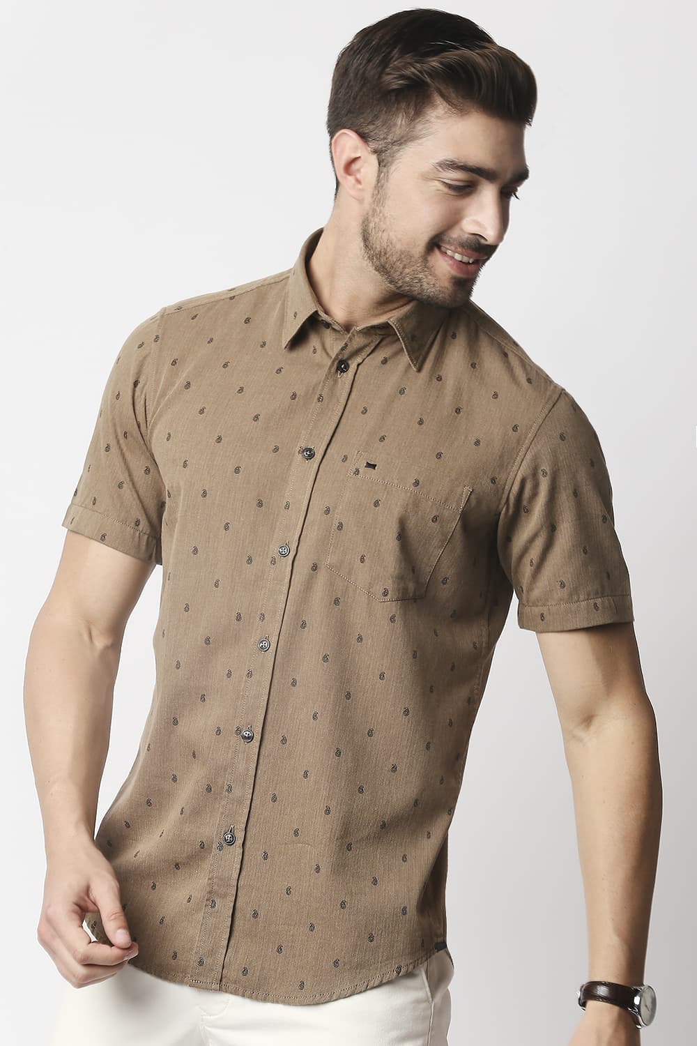 Slim Fit Melange Printed Halfsleeves Shirt