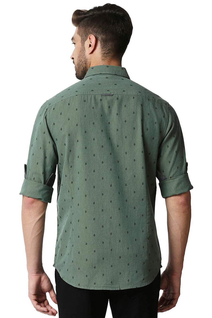 BASICS SLIM FIT SEA SPRAY GREEN MELANGE PRINTED SHIRT