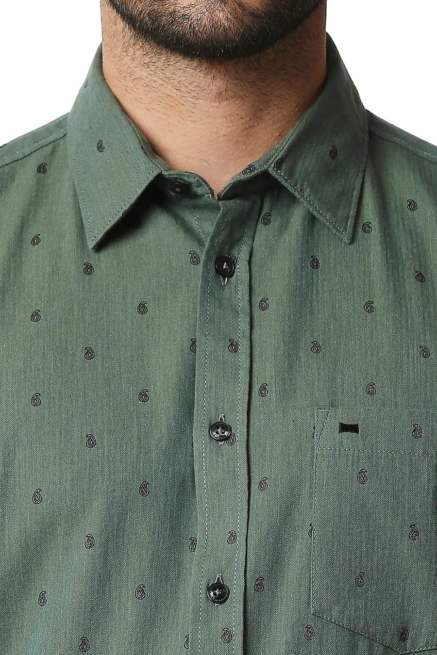 BASICS SLIM FIT SEA SPRAY GREEN MELANGE PRINTED SHIRT