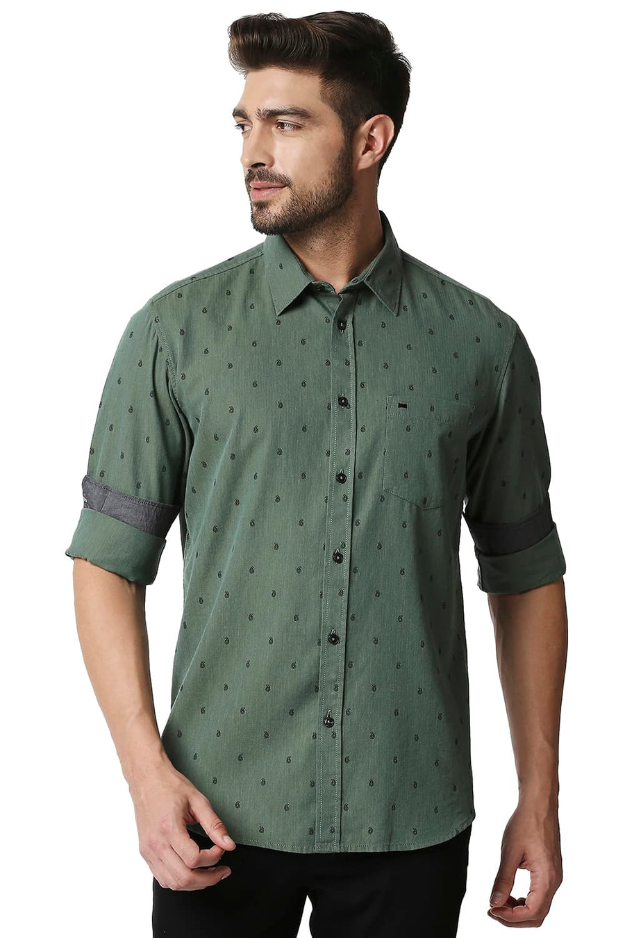 BASICS SLIM FIT SEA SPRAY GREEN MELANGE PRINTED SHIRT