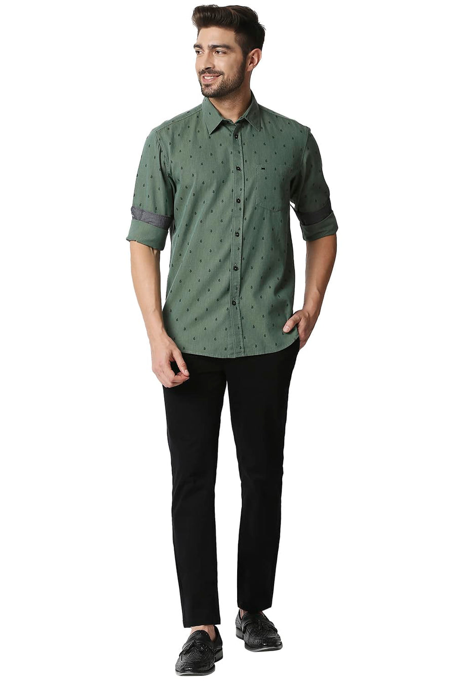 BASICS SLIM FIT SEA SPRAY GREEN MELANGE PRINTED SHIRT