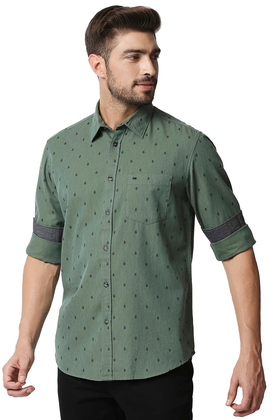 BASICS SLIM FIT SEA SPRAY GREEN MELANGE PRINTED SHIRT