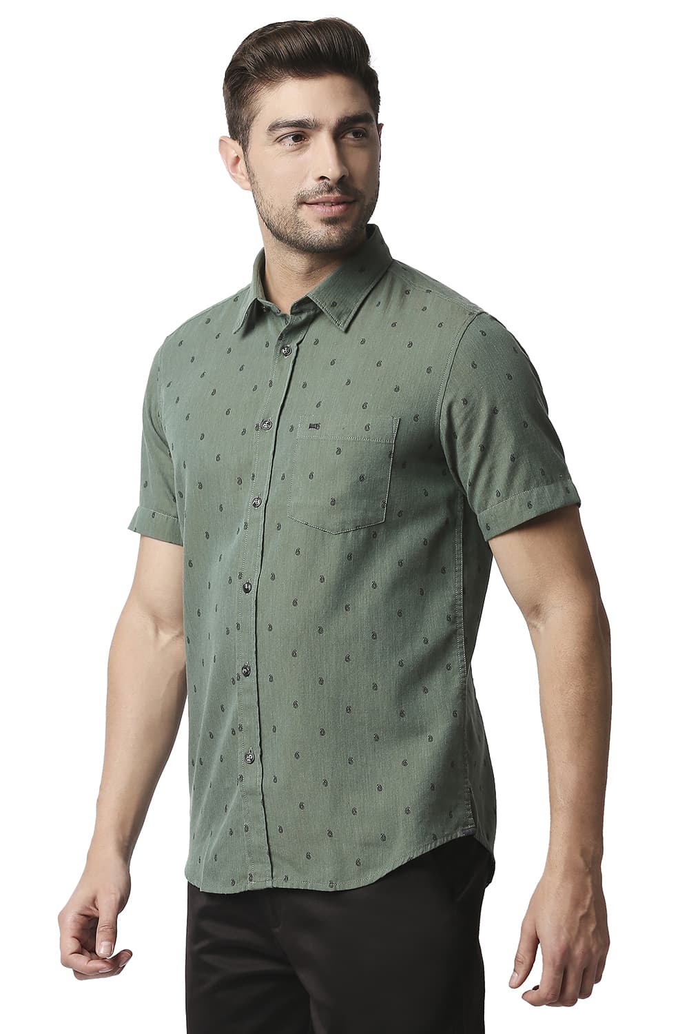 BASICS SLIM FIT MELANGE PRINTED HALFSLEEVES SHIRT