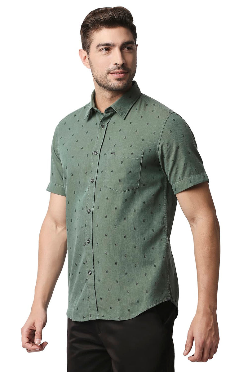 BASICS SLIM FIT MELANGE PRINTED HALFSLEEVES SHIRT