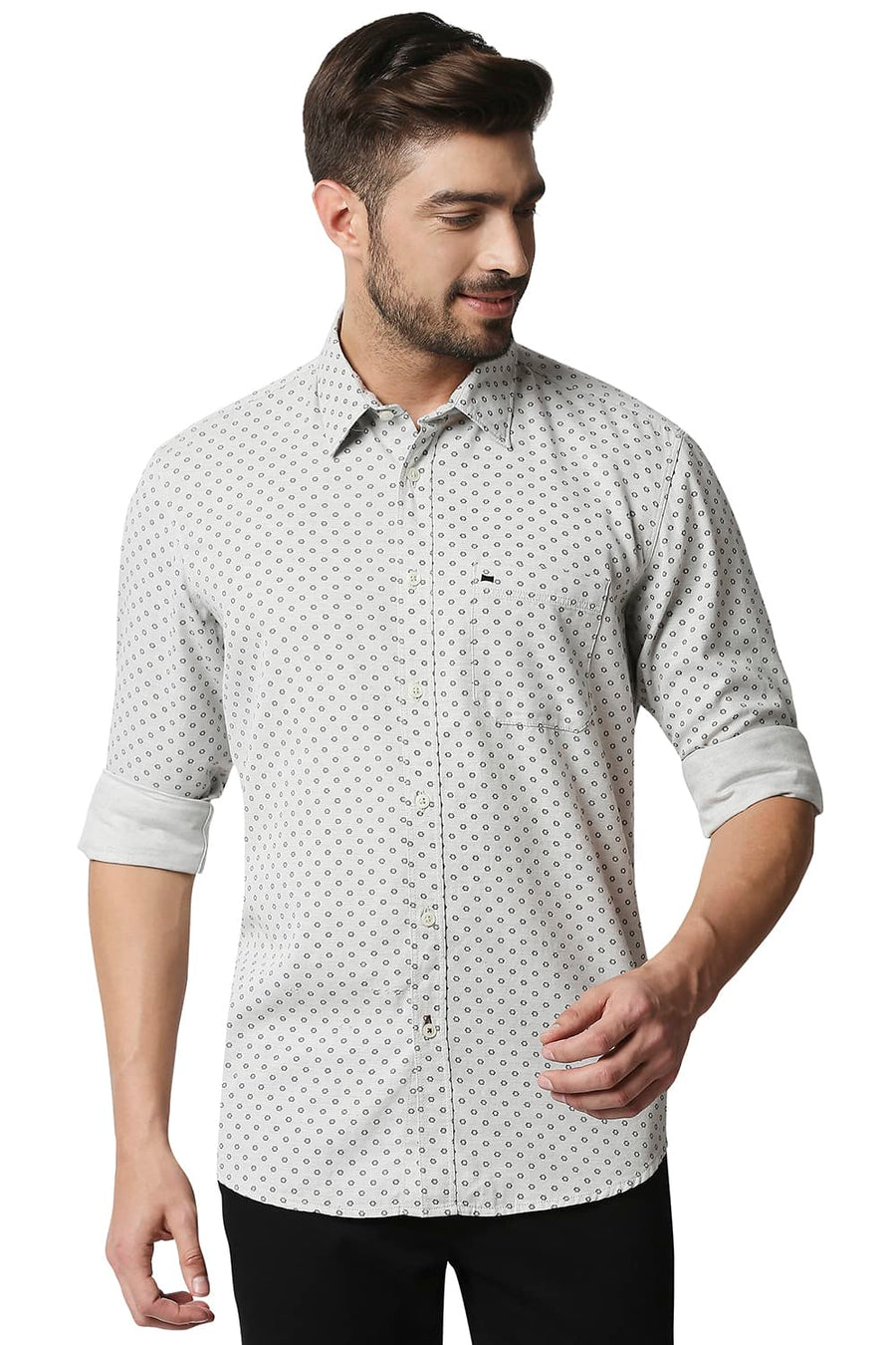 BASICS SLIM FIT ANTARCTICA GEY MELANGE PRINTED SHIRT