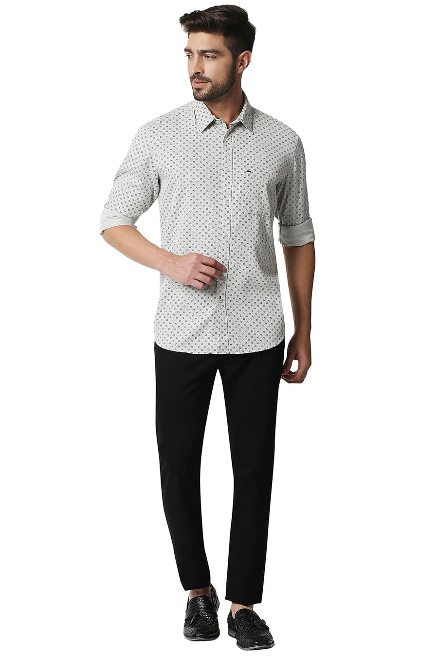 BASICS SLIM FIT ANTARCTICA GEY MELANGE PRINTED SHIRT