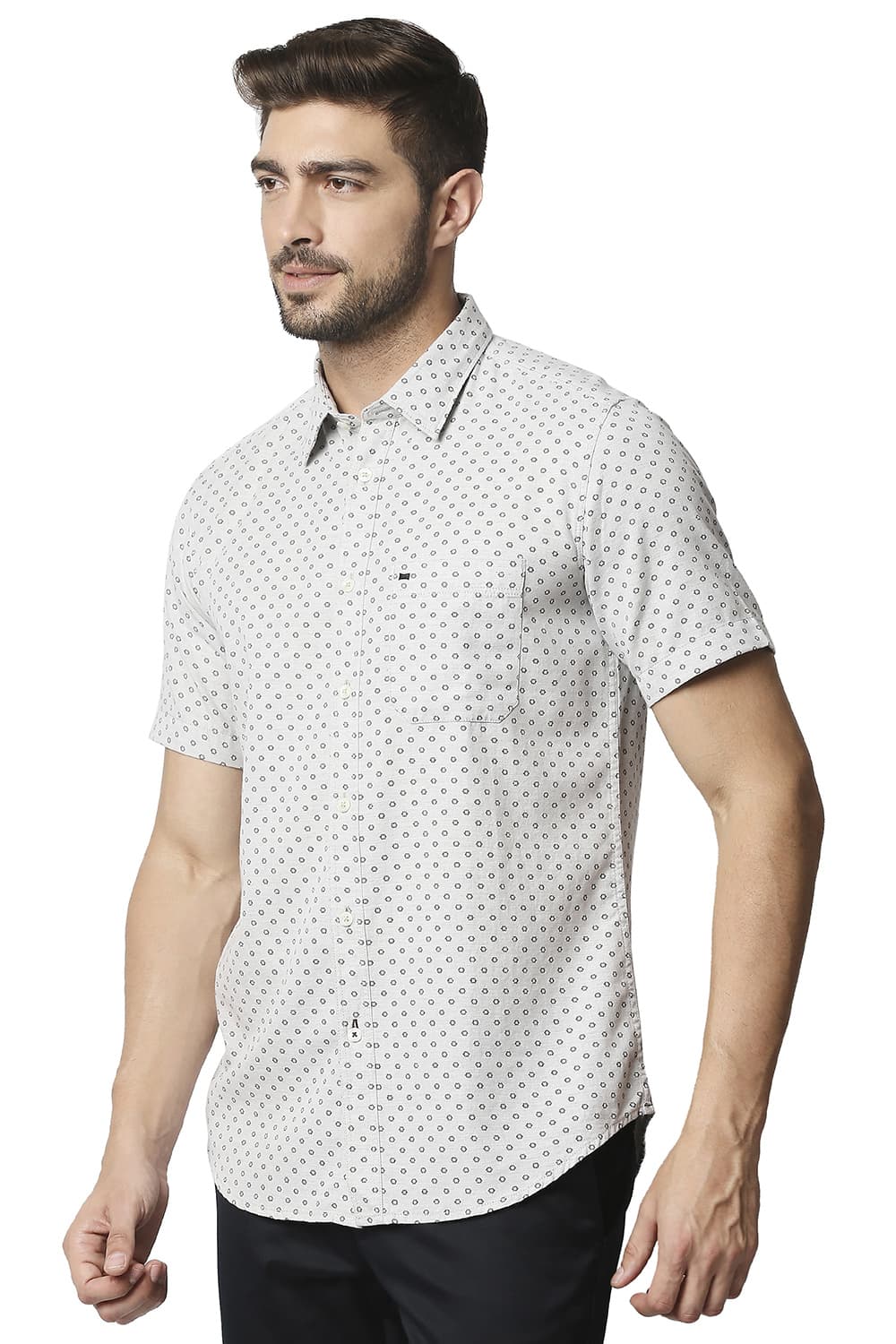 BASICS SLIM FIT MELANGE PRINTED HALFSLEEVES SHIRT