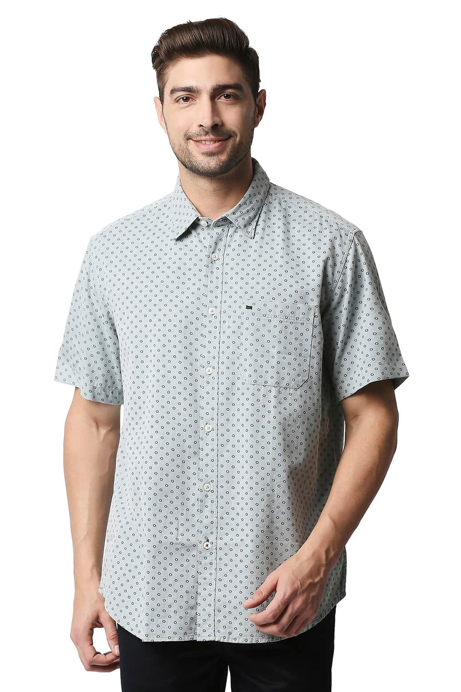 BASICS SLIM FIT SLATE GREY MELANGE PRINTED SHIRT