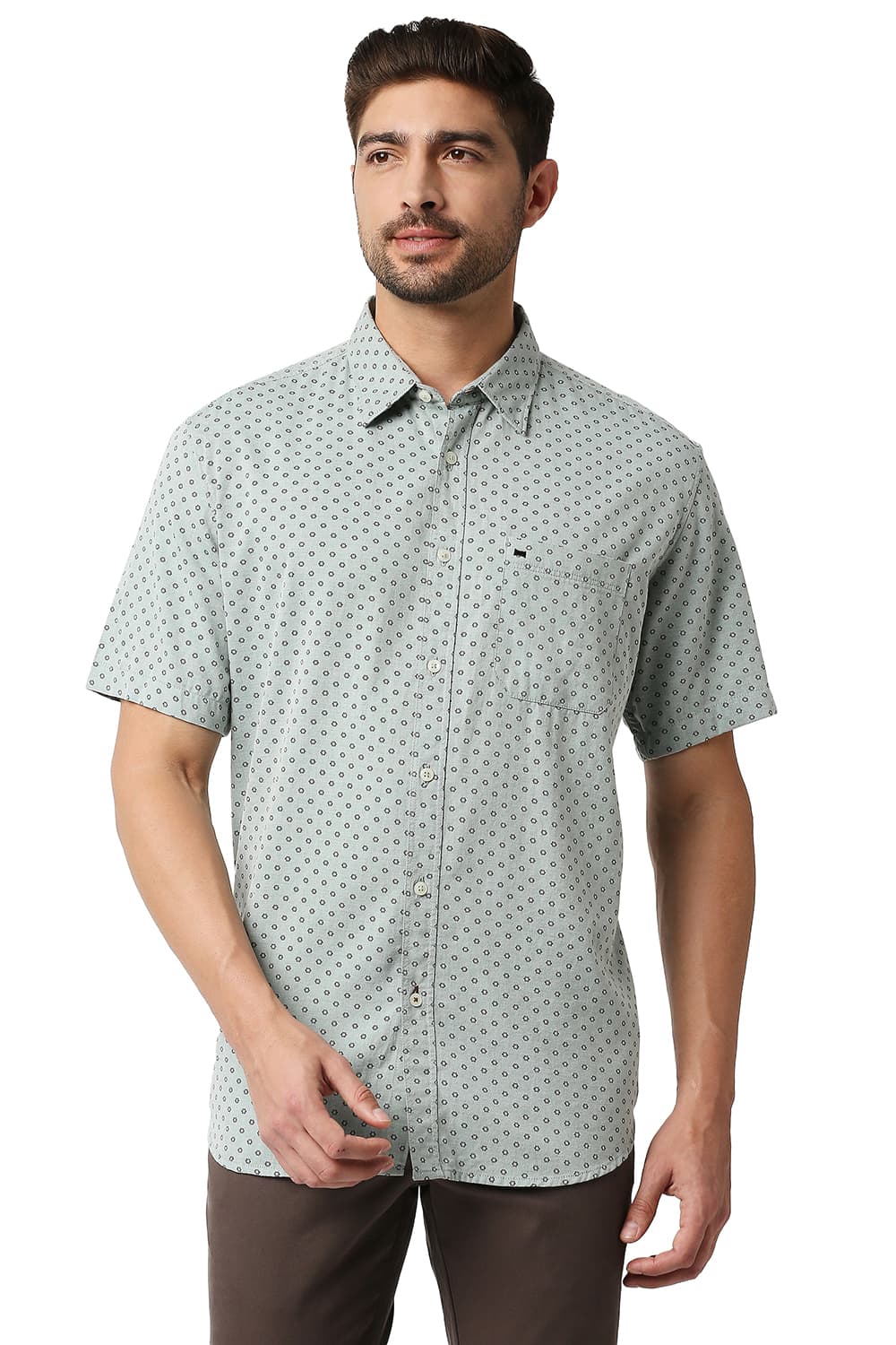 BASICS SLIM FIT MELANGE PRINTED HALFSLEEVES SHIRT