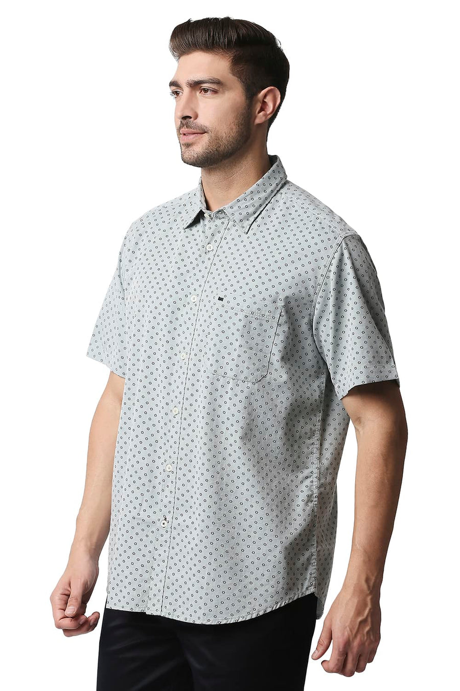 BASICS SLIM FIT SLATE GREY MELANGE PRINTED SHIRT